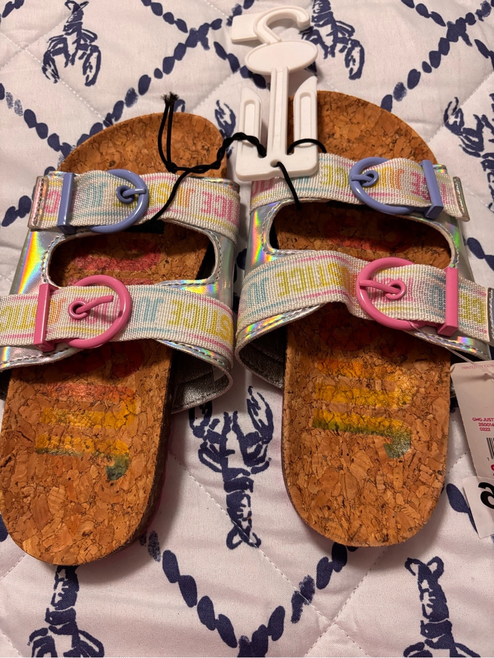 Justice Girls Iridescent Cork Slide Sandals with Pink & Lavender Buckles
